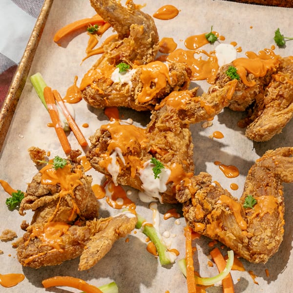 Crispy fried chicken wings drizzled with orange sauce and white dressing, garnished with parsley, carrots, and celery.