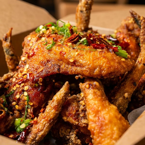 Fried chicken wings in a cardboard takeout box, topped with chili flakes and green onions.